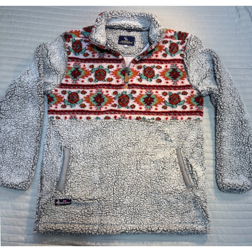 Simply Southern Women's 1/4 Zip Sherpa Fleece Pullover Aztec Turtle Print Size M